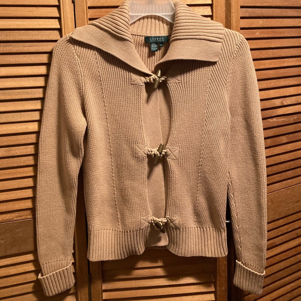 Lauren Ralph Lauren Tan/Khaki Knit Collared Cardigan with Toggle & Loop Closure